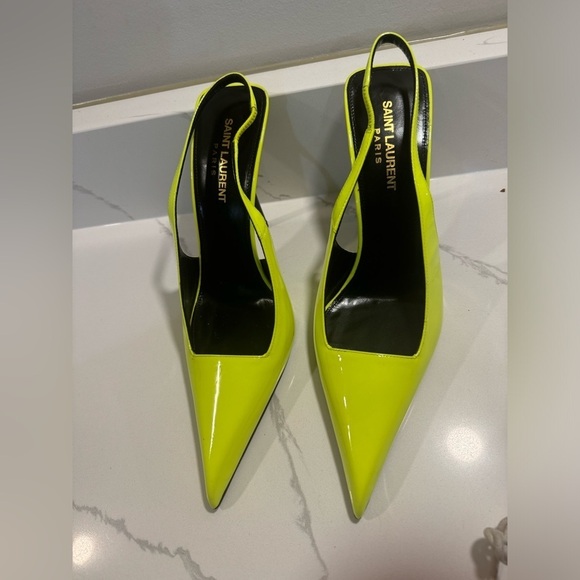 Saint Laurent Kiss 105 Leather Slingback Highlighter Yellow Pumps SZ 8.5 - Picture 6 of 14